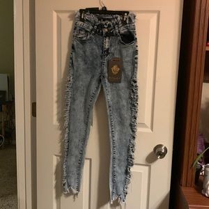 Pearl label denim pants fluffy cut open sides and waist NWT